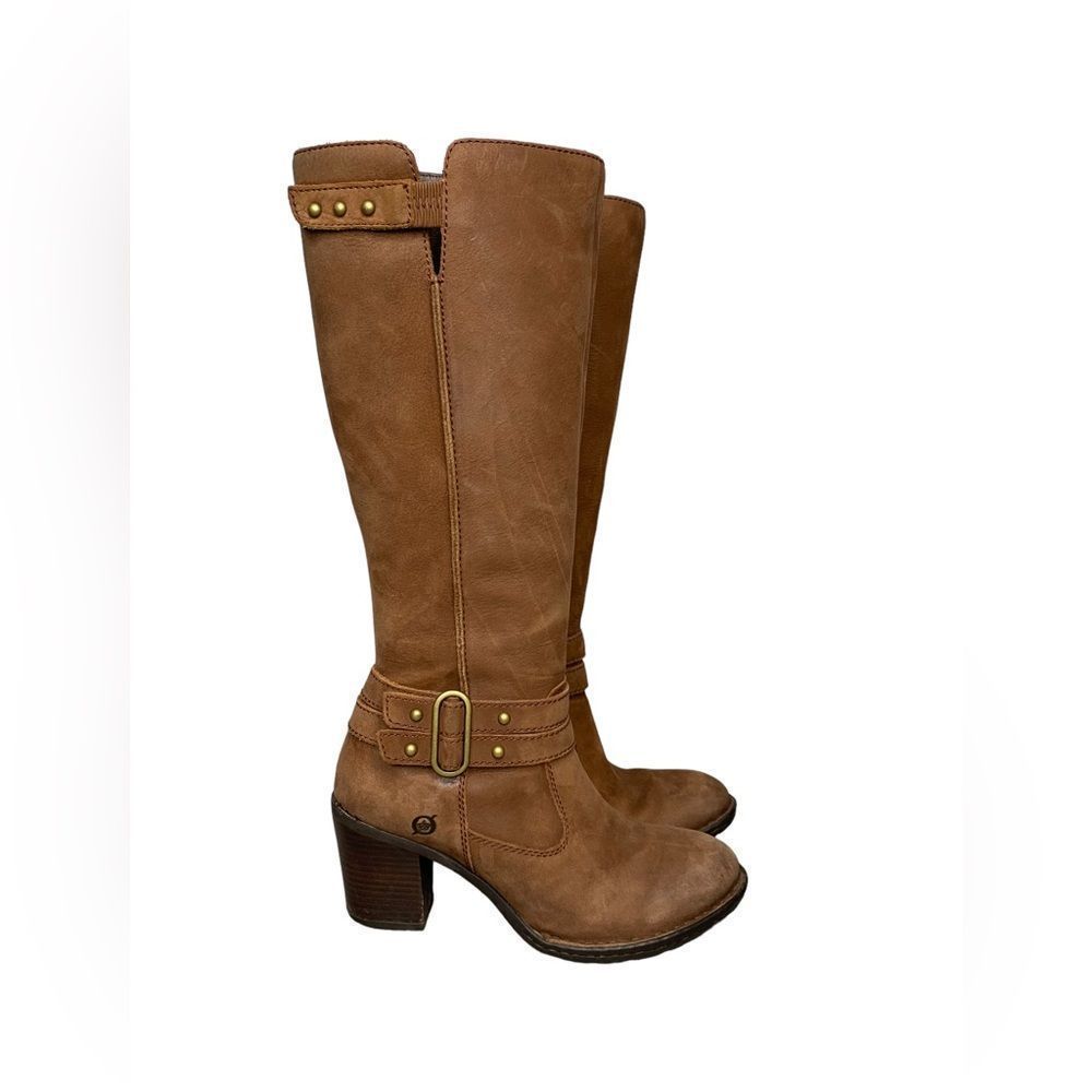Born Tan Heeled Boots with Strap Accent